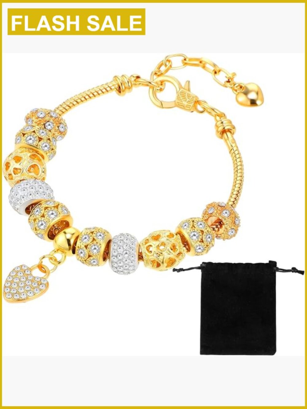 Gold Beaded Rhinestone Heart Charm Bracelet Adjustable Bangle
